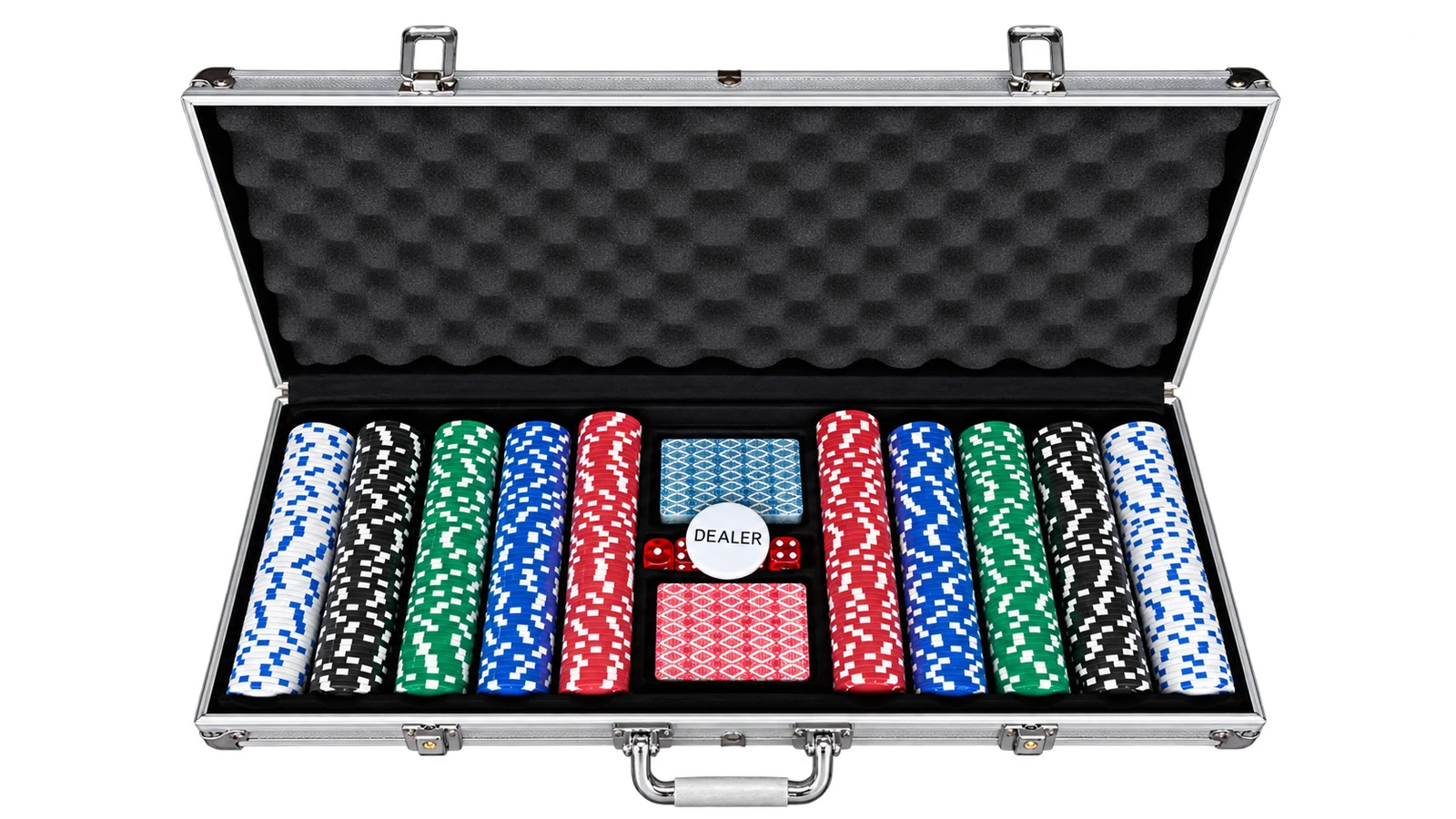 Renkli poker fişleri ve metal çantalı set